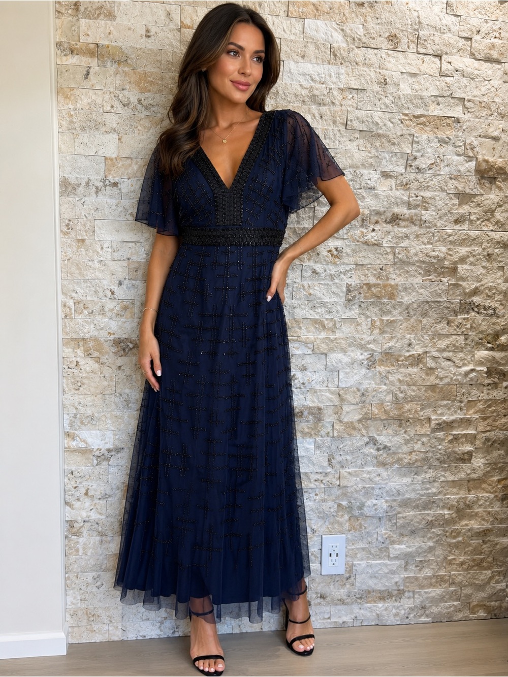 Aidan Mattox Navy and Black Beaded V-Neck Maxi Dress 6